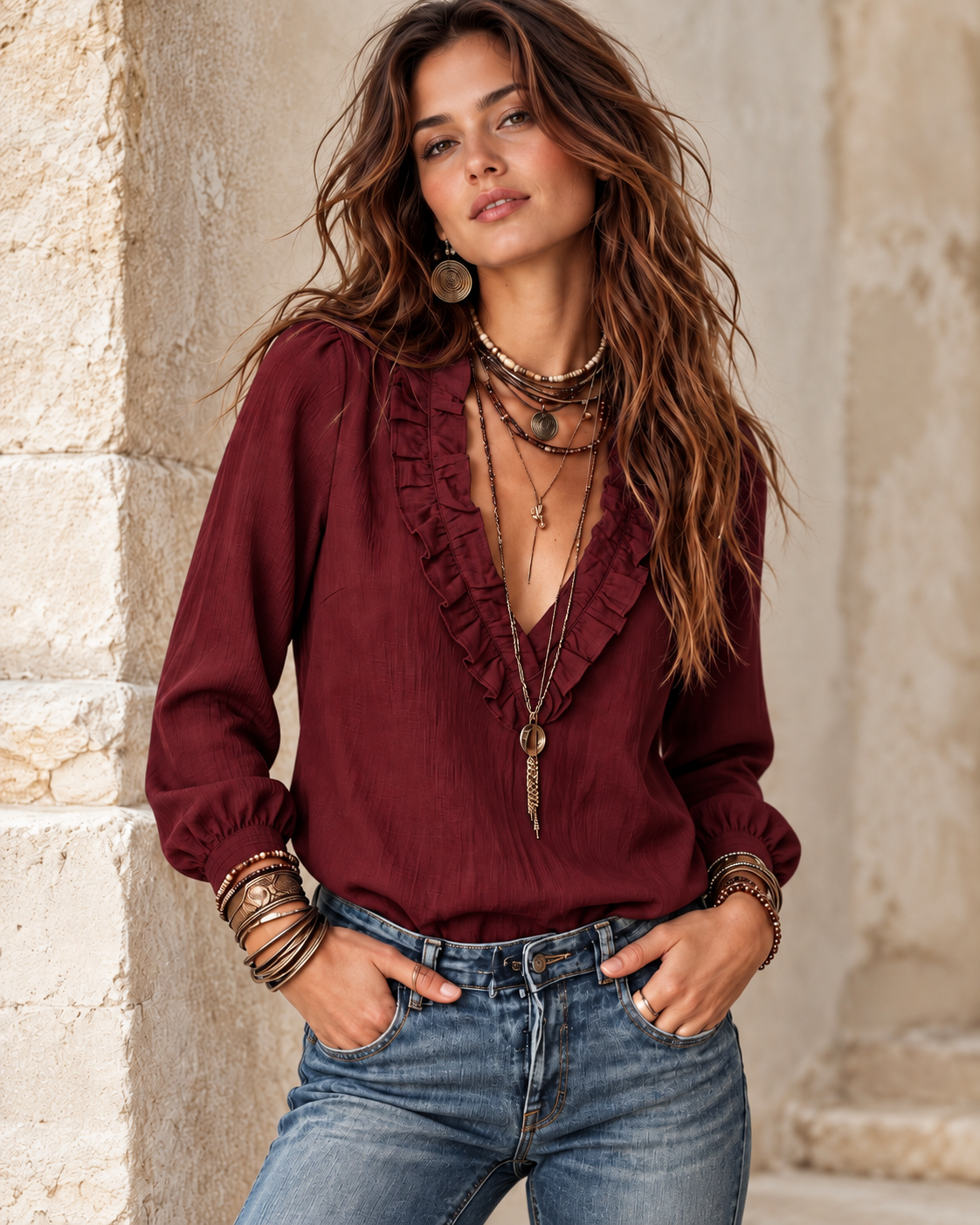 Blouse Fluide à Col V Bordé de Volants