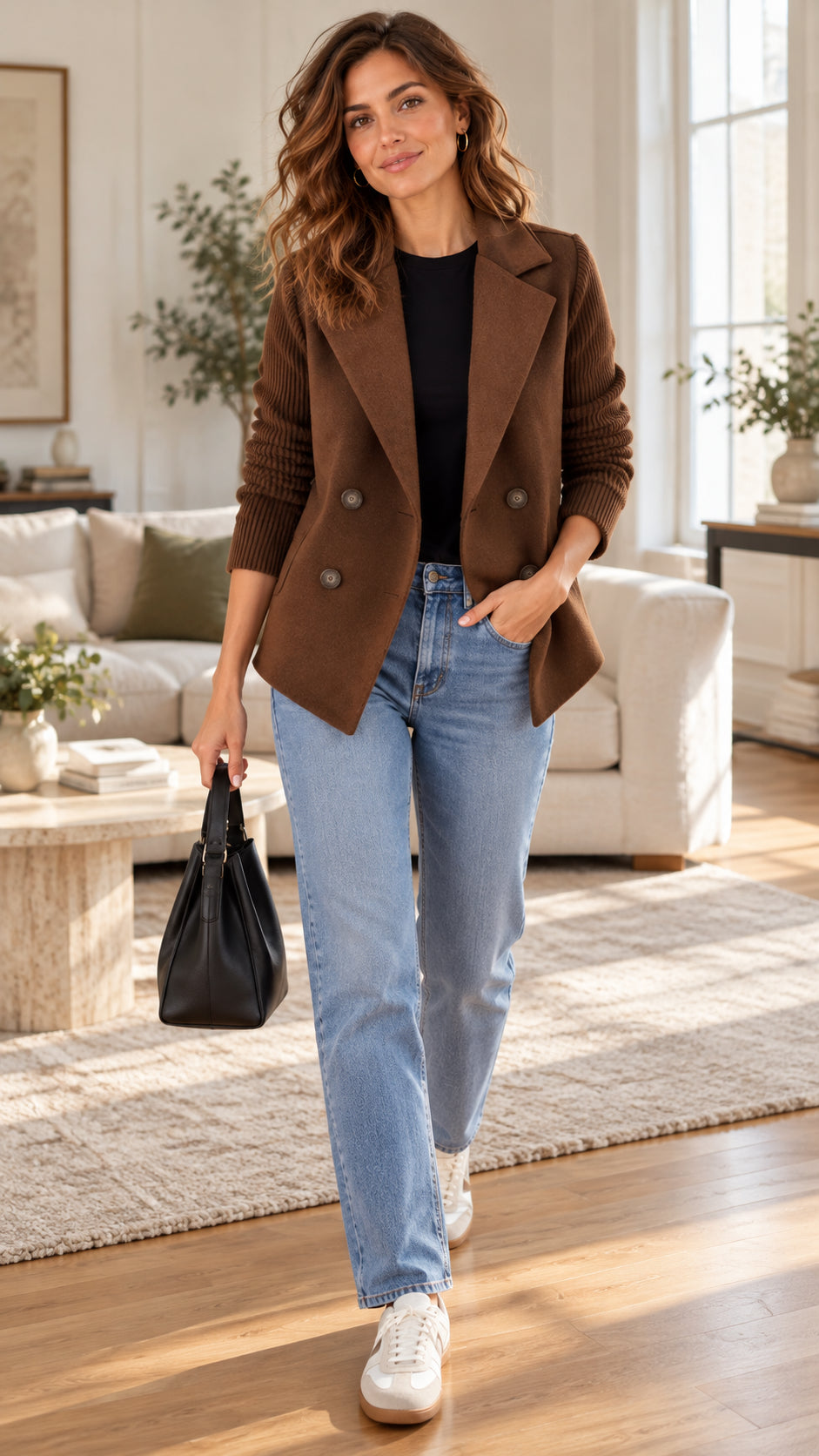 Veste à Double Boutonnage et Manches en Maille Côtelée