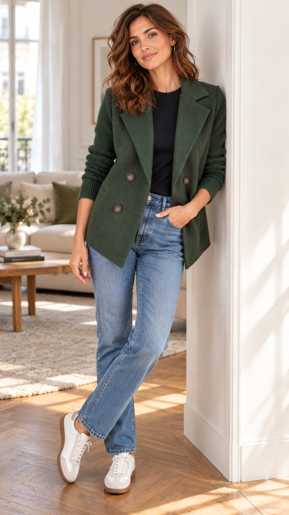 Veste à Double Boutonnage et Manches en Maille Côtelée