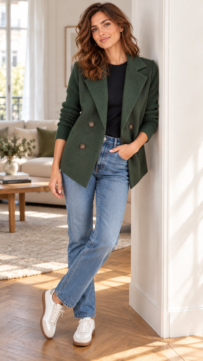 Veste à Double Boutonnage et Manches en Maille Côtelée