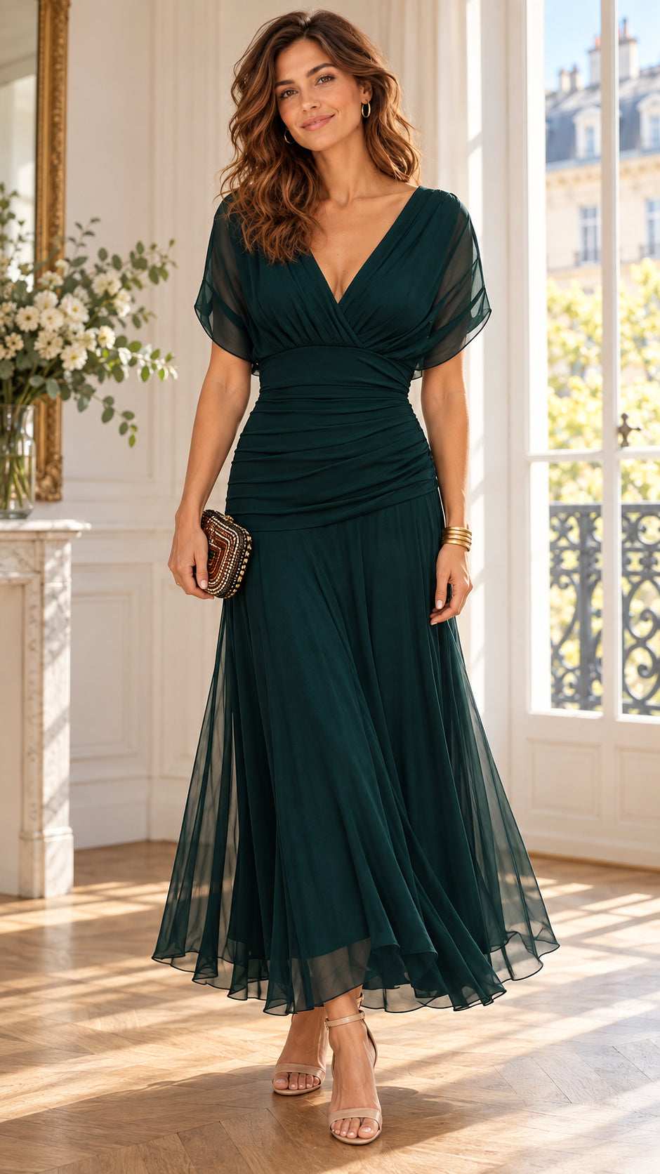 Robe Midi Imprimée à Col V et Taille Drapée