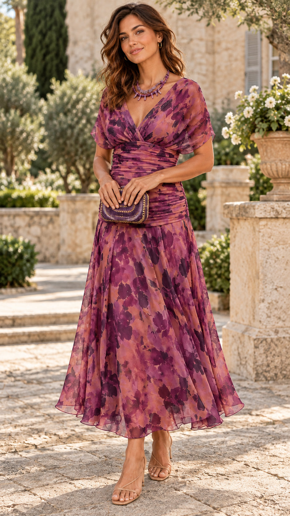 Robe Midi Imprimée à Col V et Taille Drapée