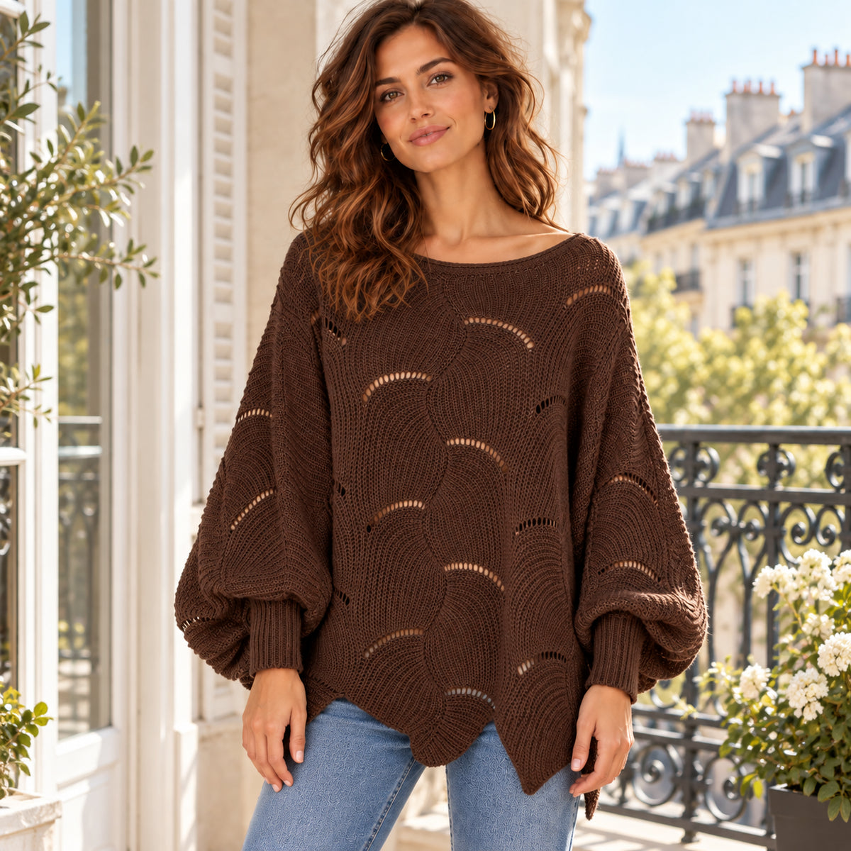 Pull Ample à Manches Chauve-Souris en Maille Ajourée
