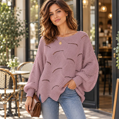 Pull Ample à Manches Chauve-Souris en Maille Ajourée