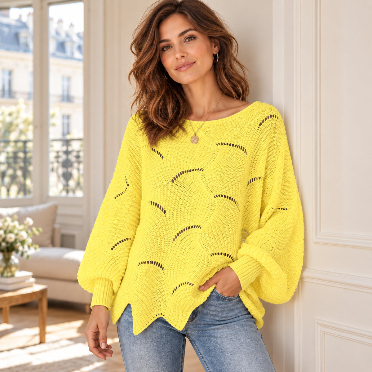 Pull Ample à Manches Chauve-Souris en Maille Ajourée